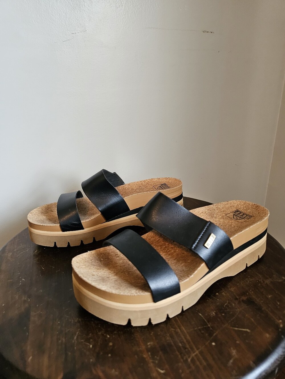 Reef Black Dual-Strap Platform Sandals with Tan Platform